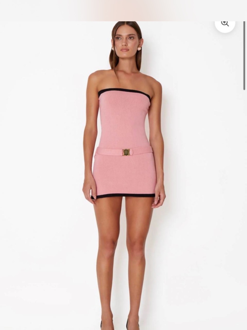 Strapless Pink Knit Mini Dress with Black Trim and Gold Buckle - Picture 2 of 3